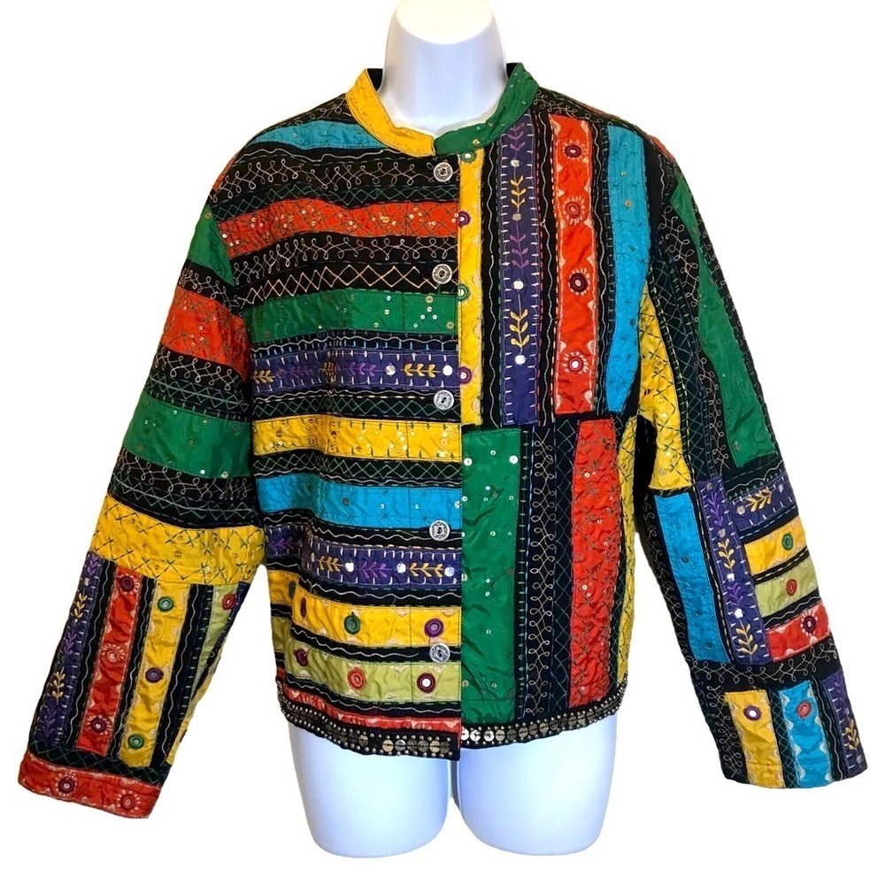 CHICOS COLORFUL EMBROIDERED & BEADED QUILTED JACKET, SZ 2 (12), RED, BLUE, BLACK